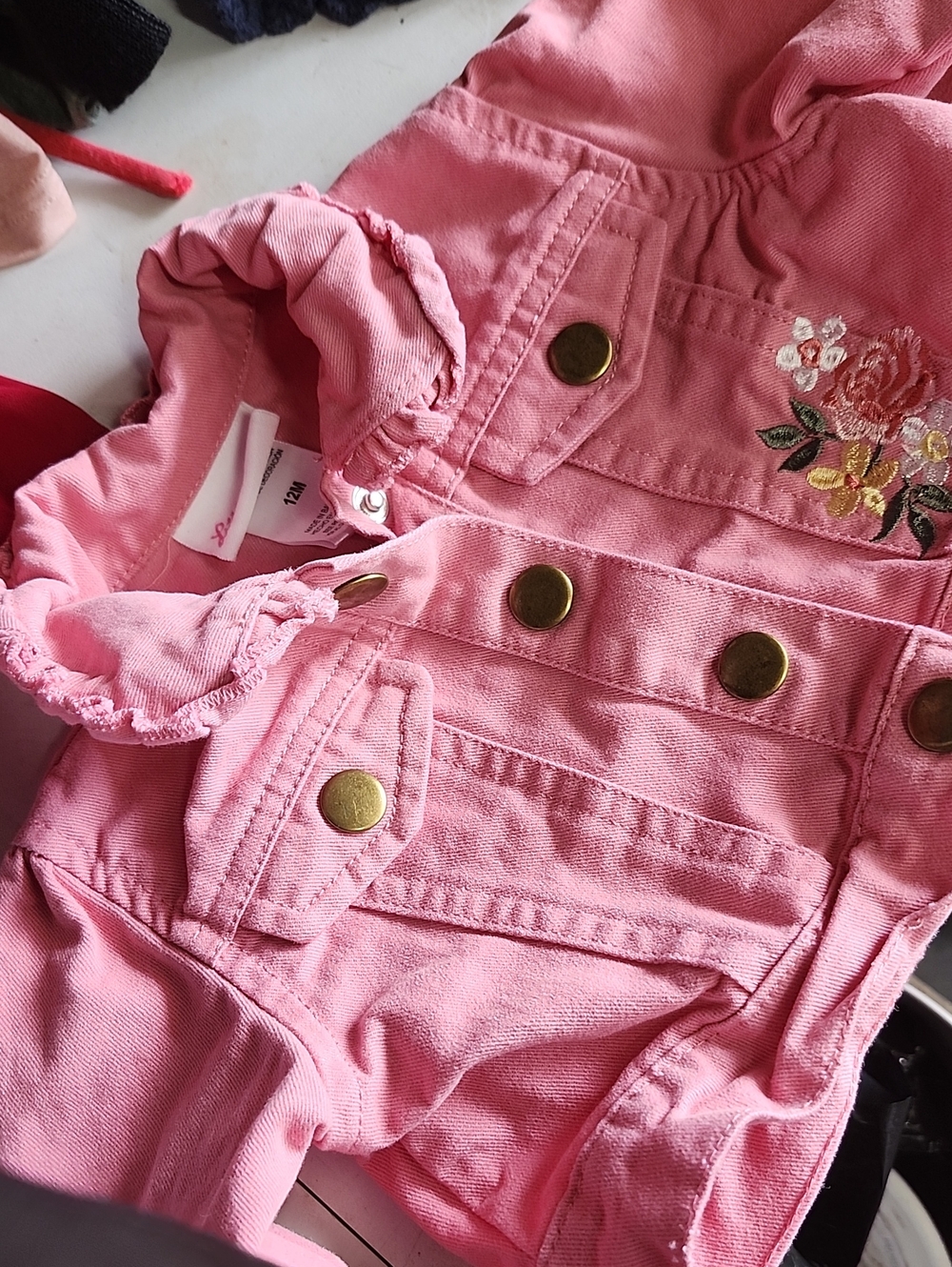 Little Lass Pink Ruffle-Collar Embroidered Denim Jacket